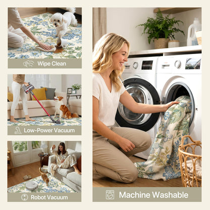 Bavni Dusty Blue Floral Washable Rug