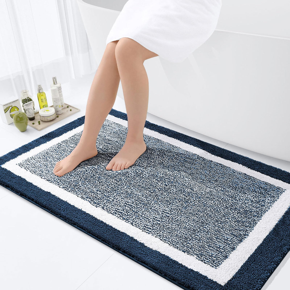 Navy and White Microfiber Bath Rug, 36 x 24