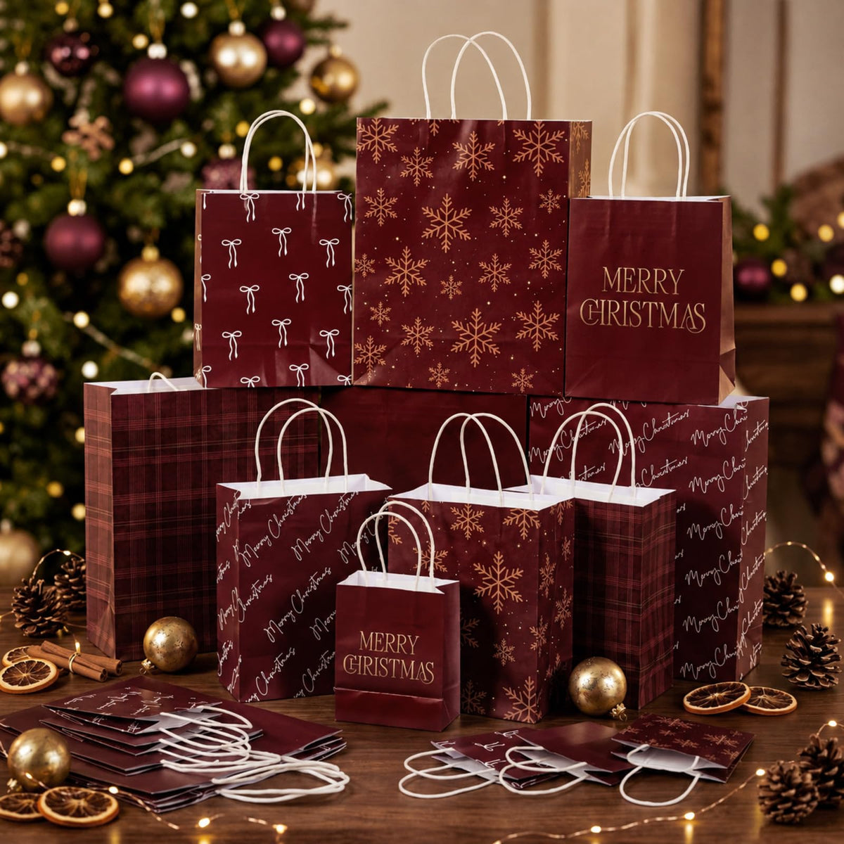Blue Toile Christmas Kraft Gift Bags, Set of 18
