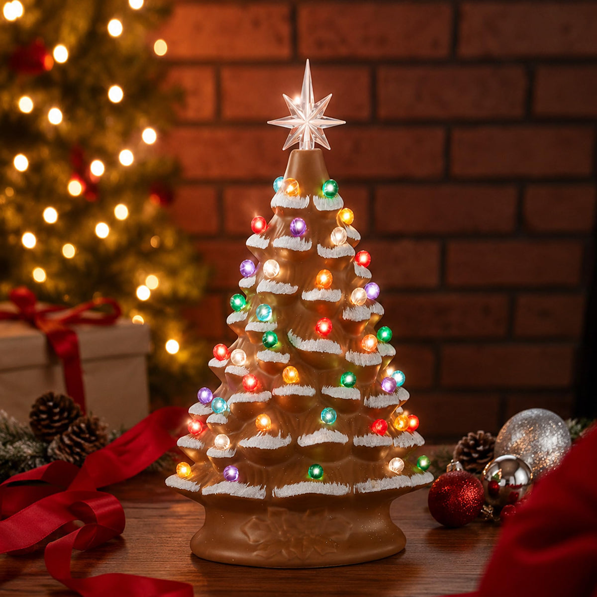 Hand Painted Ceramic Christmas Tree, 15 Inch Pre-Lit