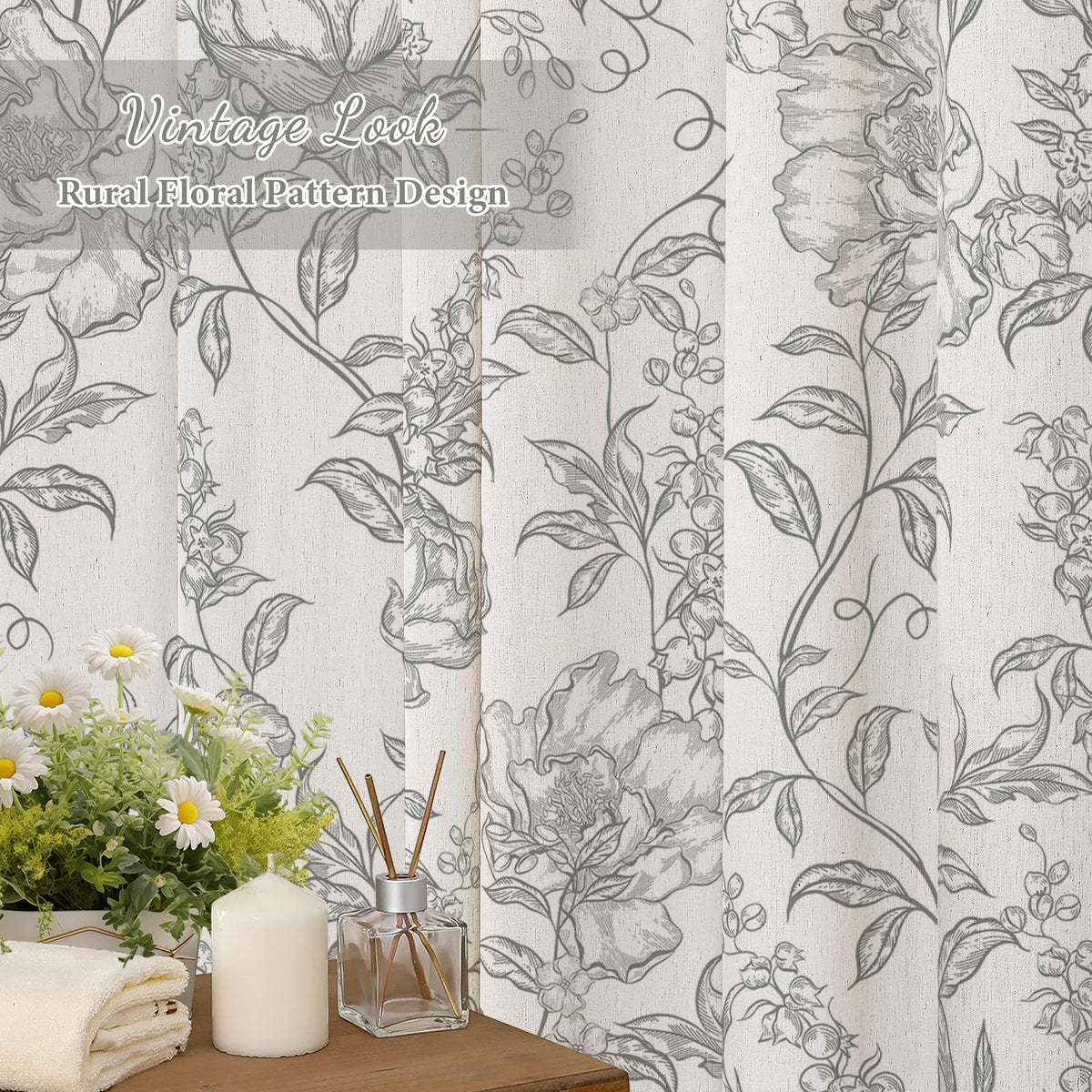 Blue Floral Linen Blend Shower Curtain