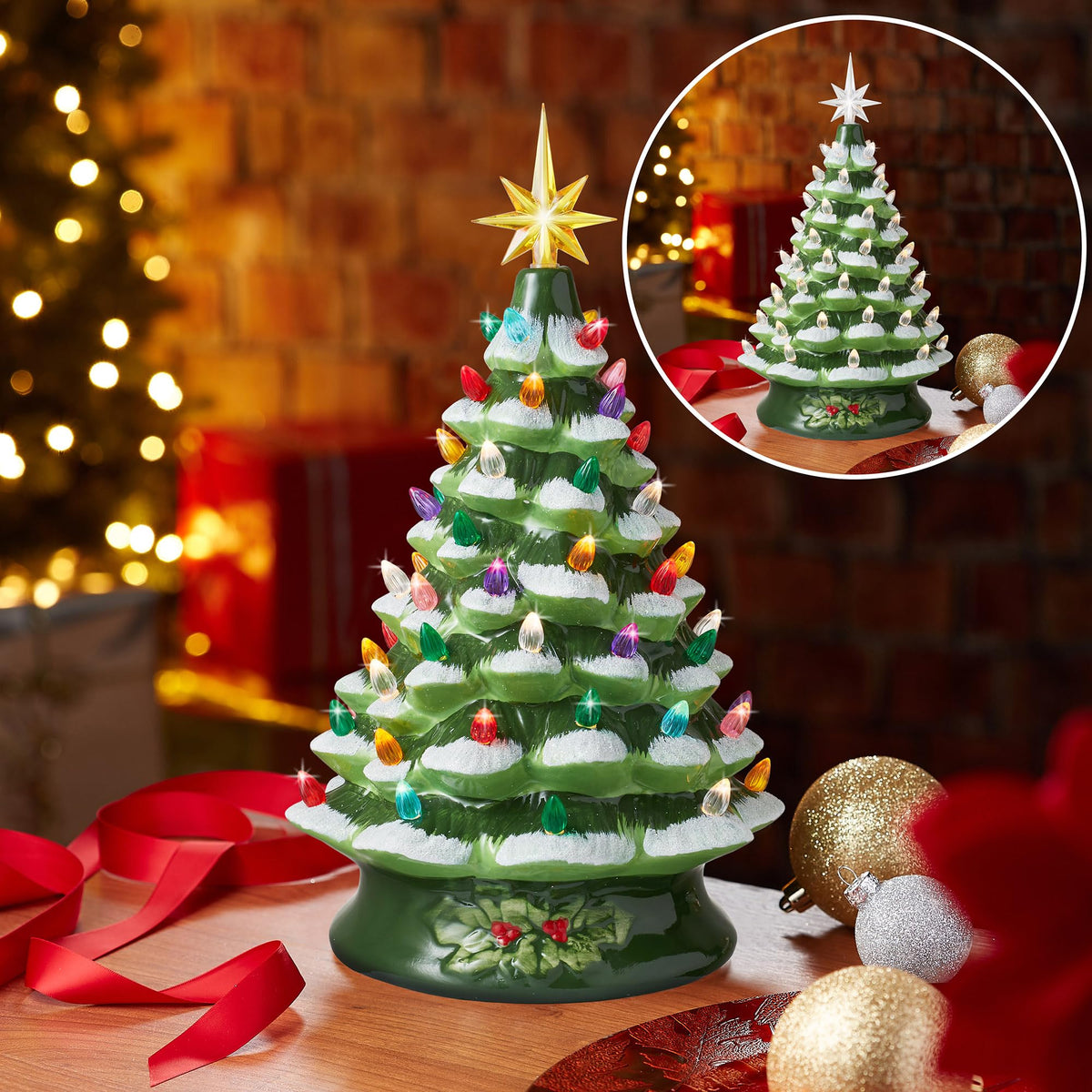 Hand Painted Ceramic Christmas Tree, 15 Inch Pre-Lit