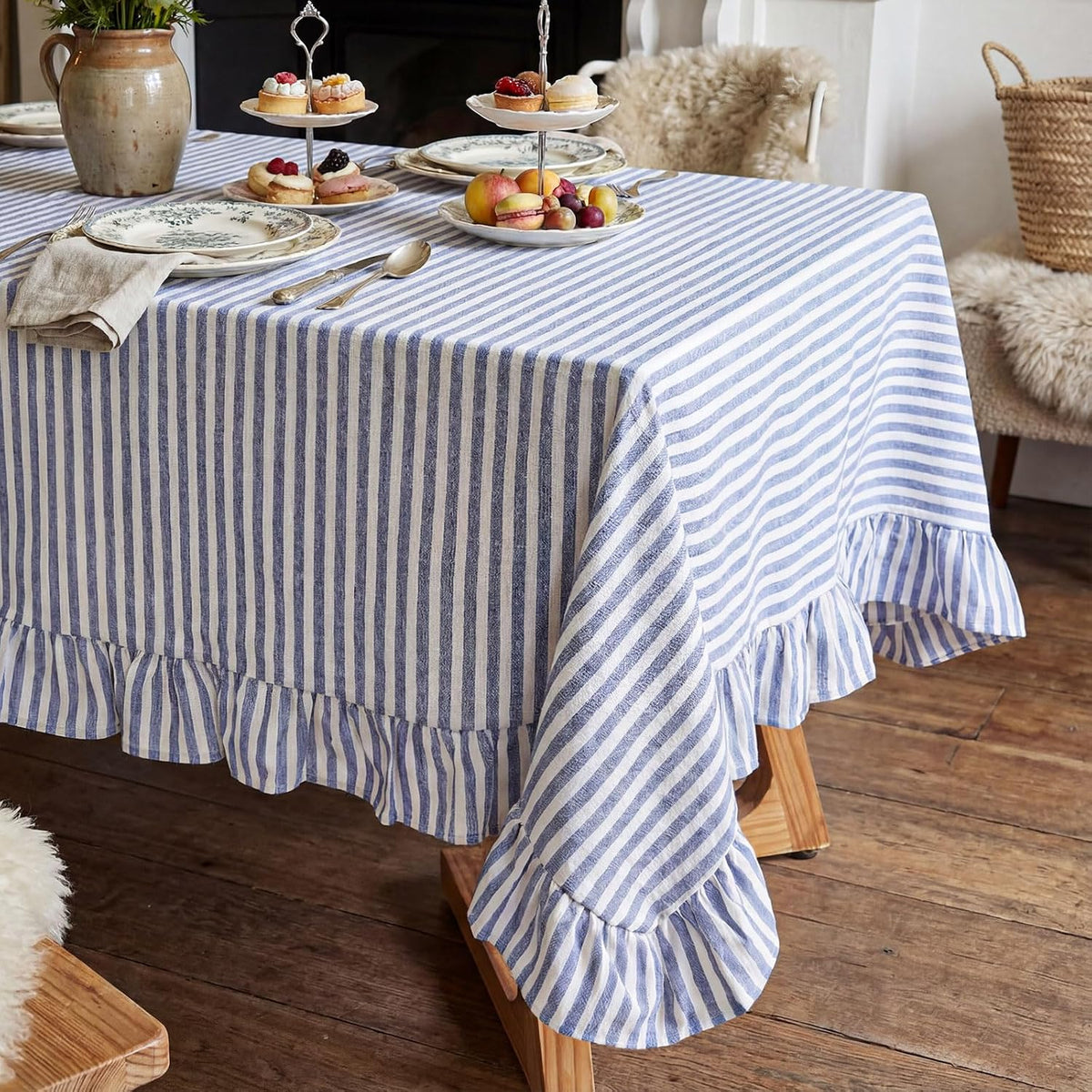 Blue and White Stripe Scalloped Tablecloth, 84 x 60