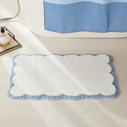 White Scalloped Bath Mat with Blue Piping