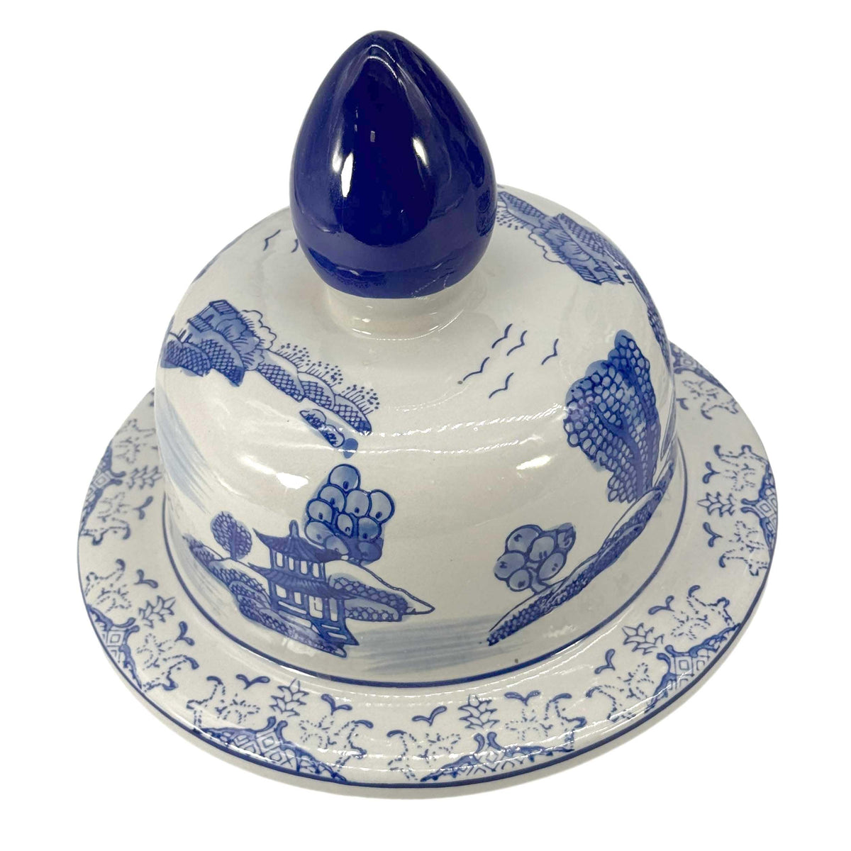 Large 25 Inch Blue and White Chinoiserie Temple Jar