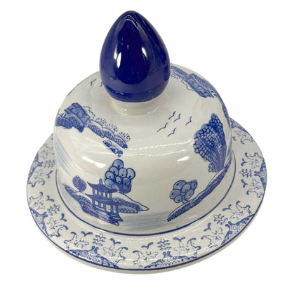 Large 25 Inch Blue and White Chinoiserie Temple Jar