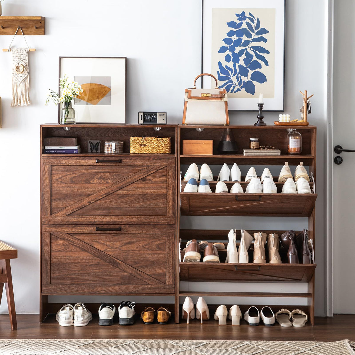 Blue Narrow Shoe Cabinet with 2 Flip Drawers