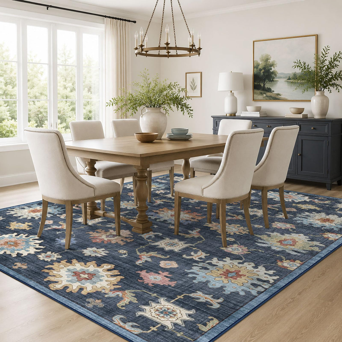 Washable Area Rug, Delft Blue Vintage Floral
