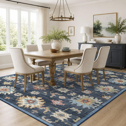 Washable Area Rug, Delft Blue Vintage Floral