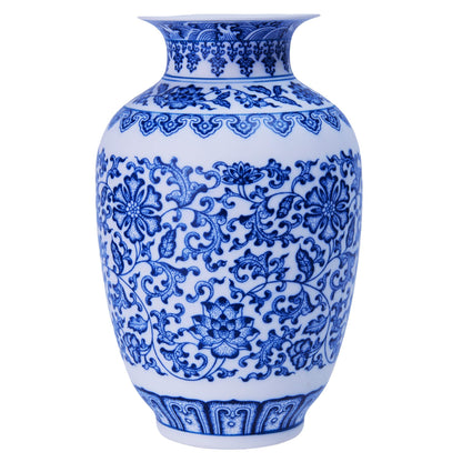 Blue and White Chinoiserie Trumpet Vase, 10 Inch