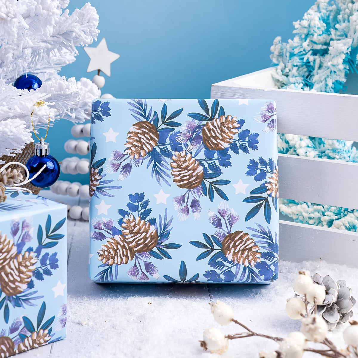 Christmas Wrapping Paper Rolls, Blue and Silver, 4 Rolls