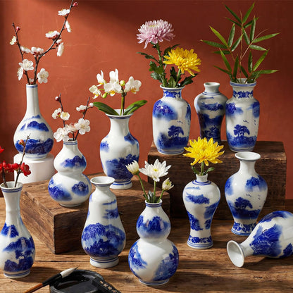 Mini Blue and White Chinoiserie Vases, Set of 12