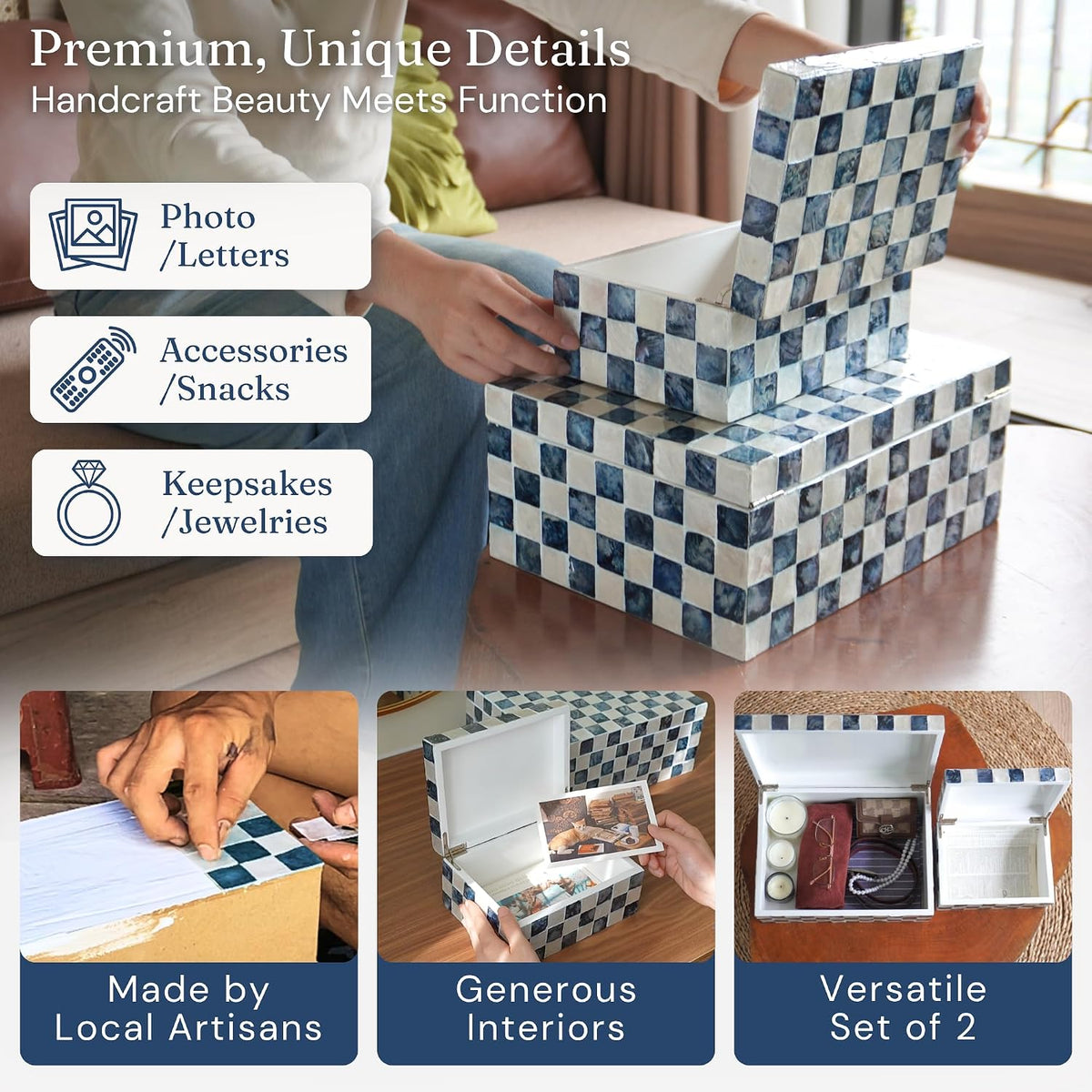 Navy Capiz Shell Storage Boxes, Set of 2