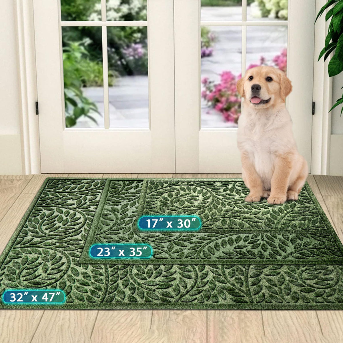 Blue Leaf Front Door Mat, Non-Slip Rubber