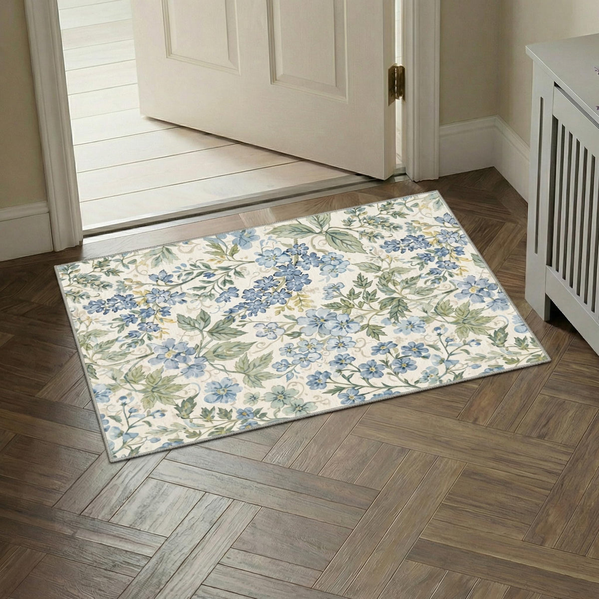 Bavni Dusty Blue Floral Washable Rug