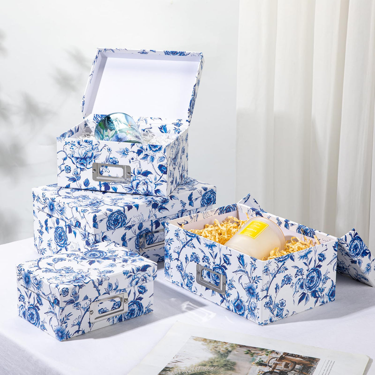 Blue and White Floral Nested Storage Boxes