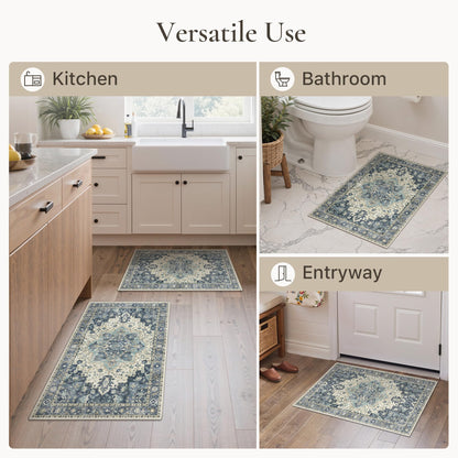 Blue Floral Boho Bath Mat, 24 x 17