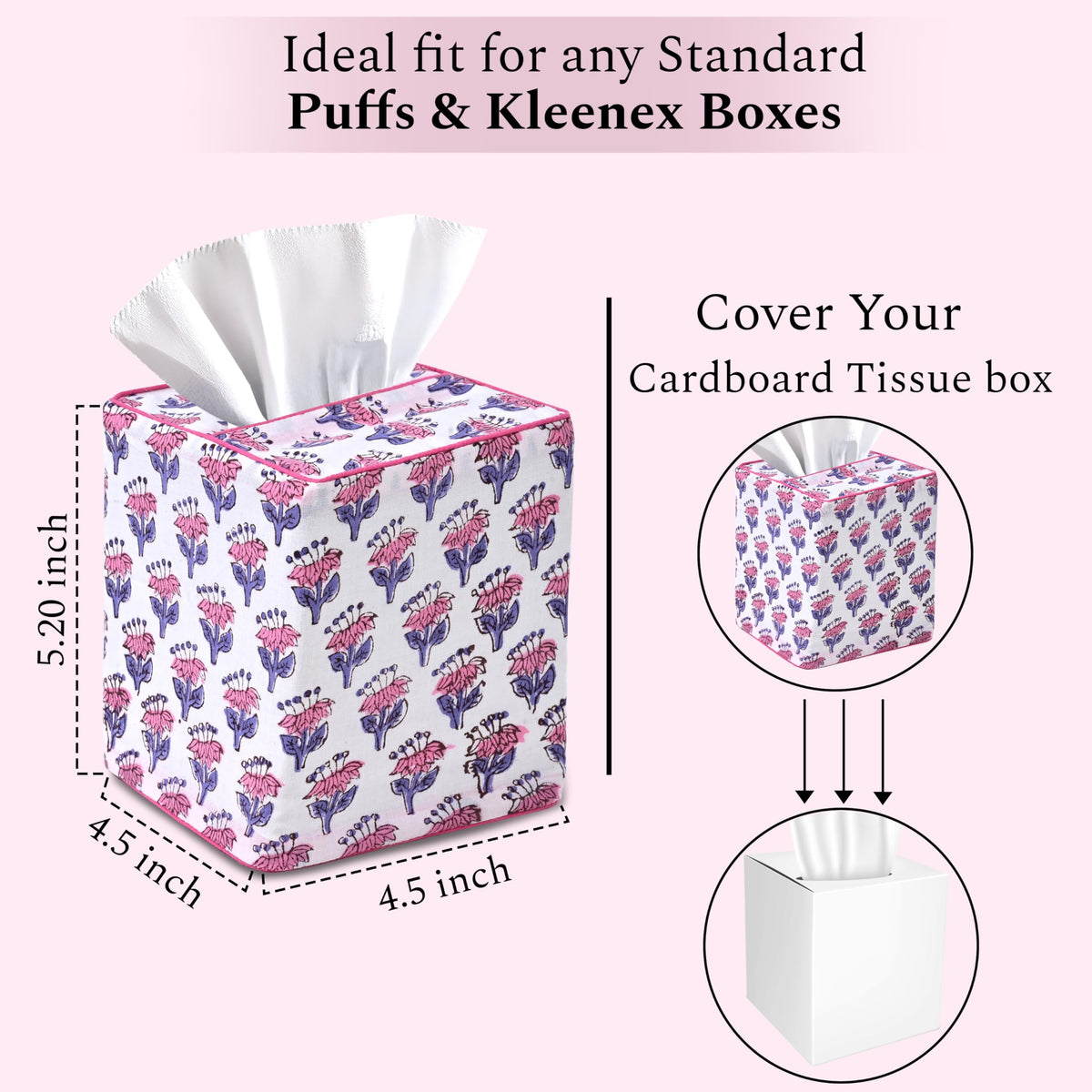 Block Print Cotton Tissue Box Cover, Apatite Blue