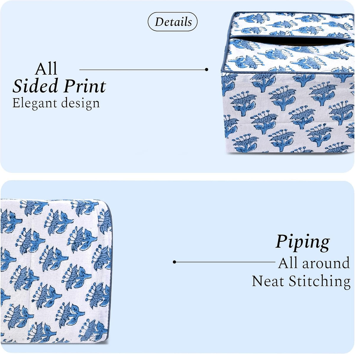 Block Print Cotton Tissue Box Cover, Apatite Blue