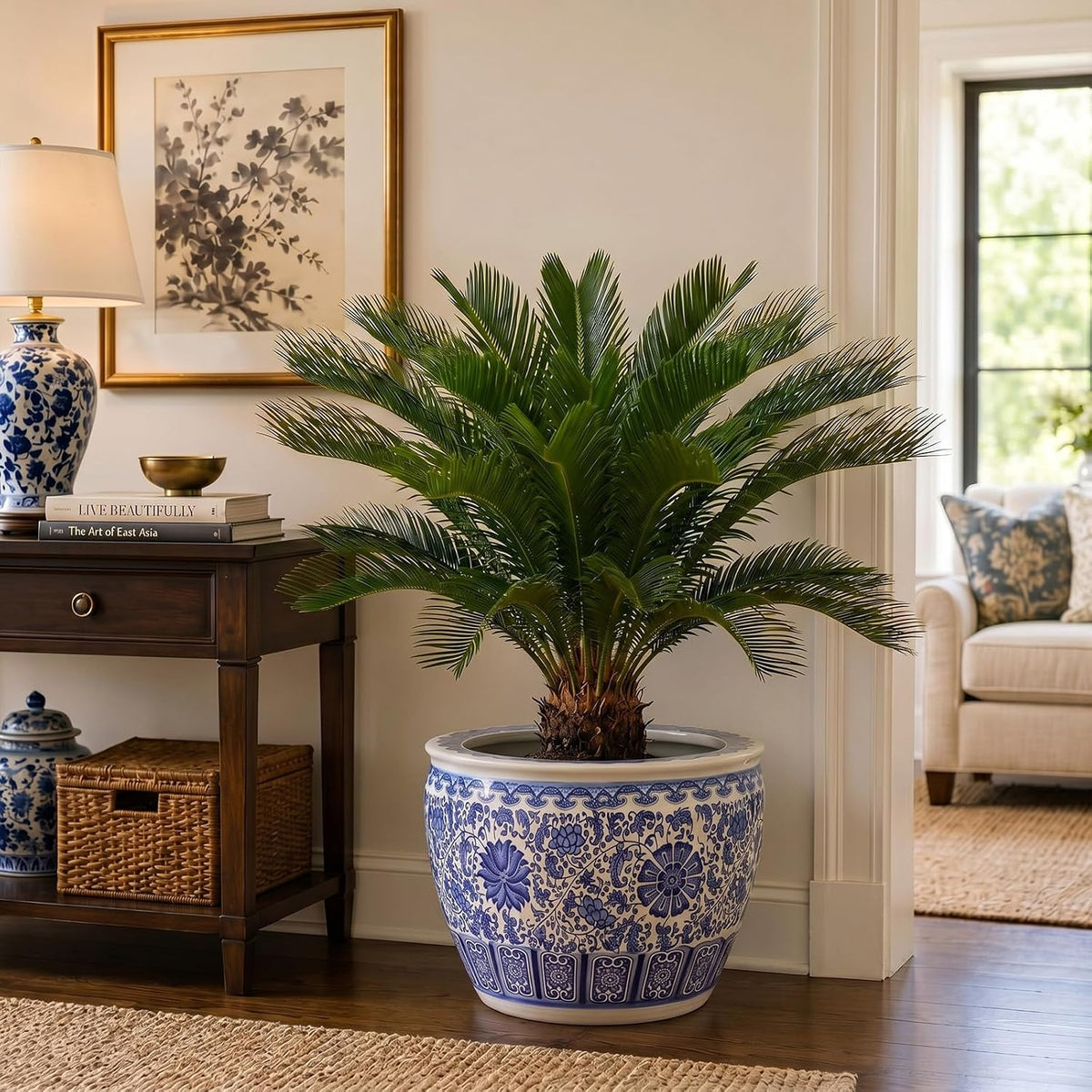Blue and White Fishbowl Planter, 16 Inch