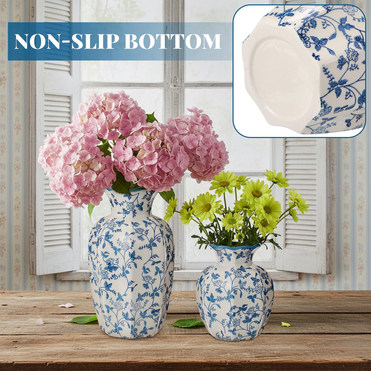Set of 2 Blue and White Chinoiserie Vases