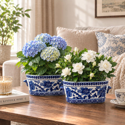 Blue and White Oval Chinoiserie Planters, Set of 2
