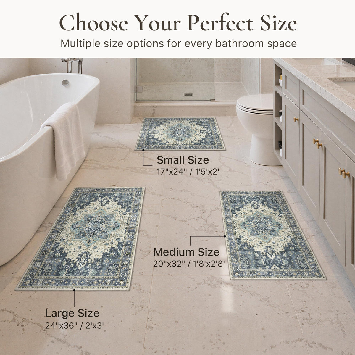 Blue Floral Boho Bath Mat, 24 x 17