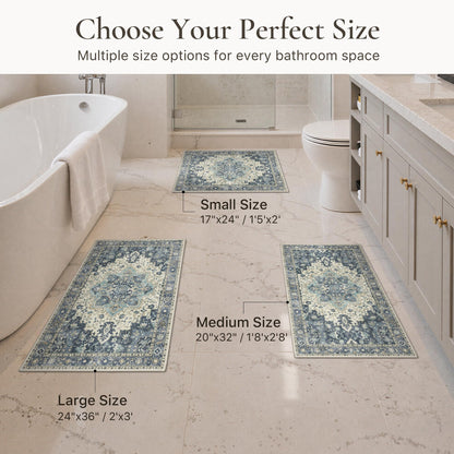 Blue Floral Boho Bath Mat, 24 x 17