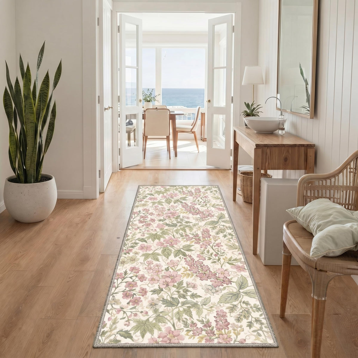 Bavni Dusty Blue Floral Washable Rug