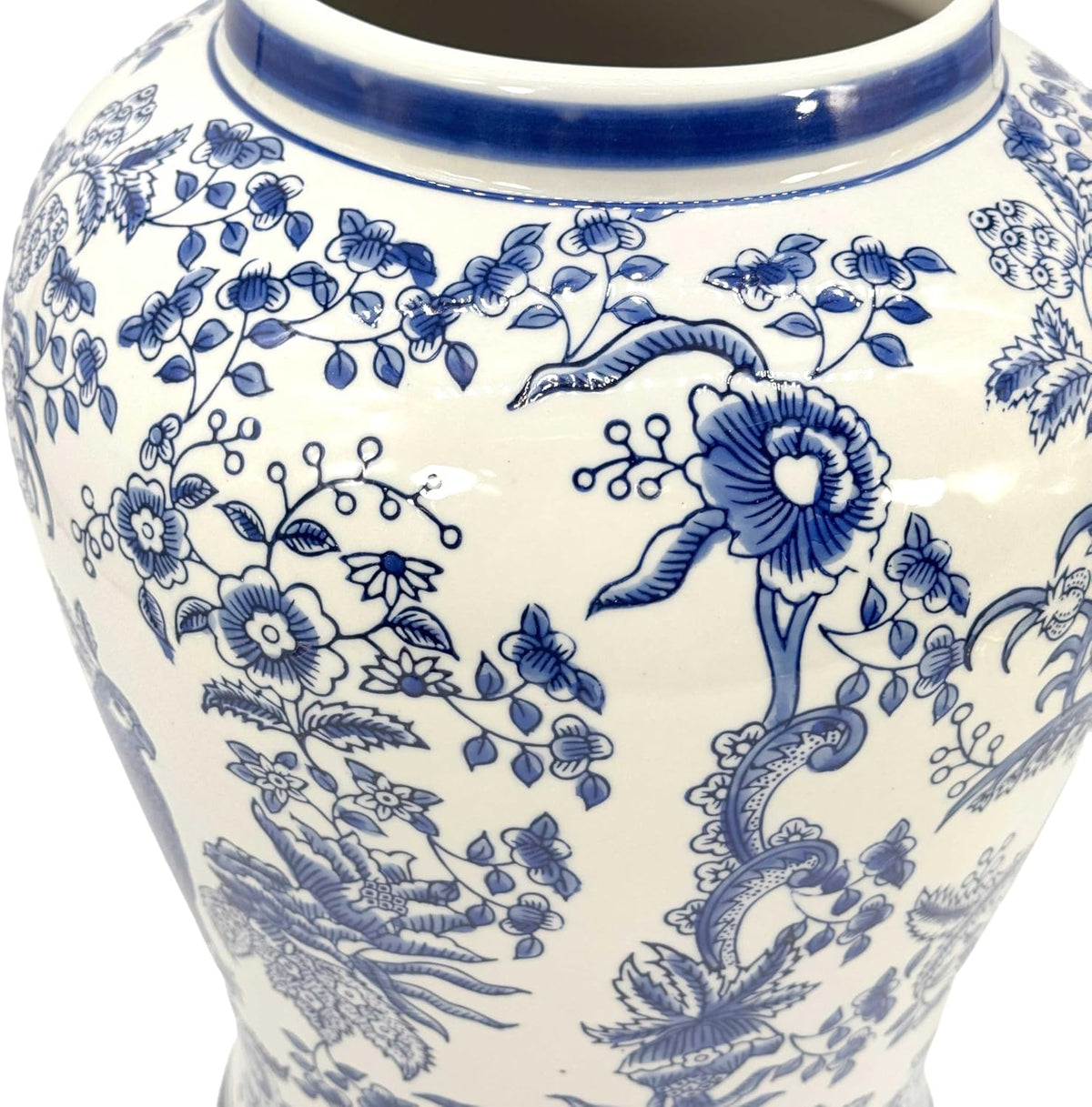 Large 25 Inch Blue and White Chinoiserie Temple Jar