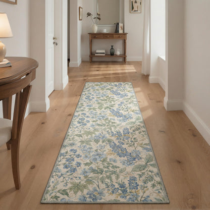Bavni Dusty Blue Floral Washable Rug