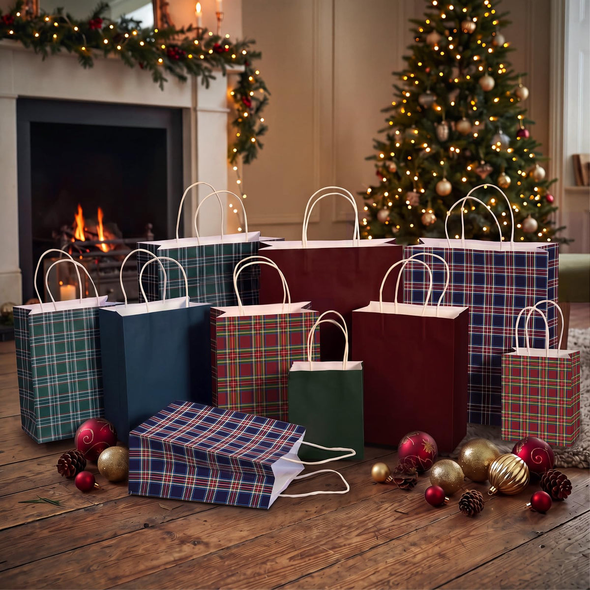 Blue Toile Christmas Kraft Gift Bags, Set of 18