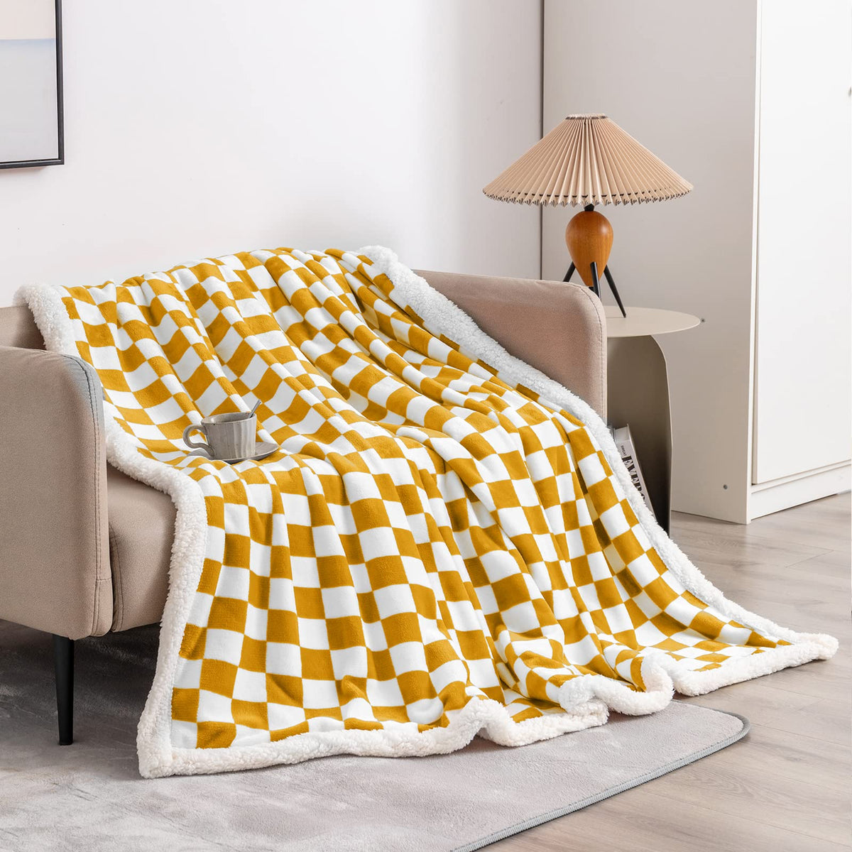 Navy Checkered Sherpa Throw Blanket