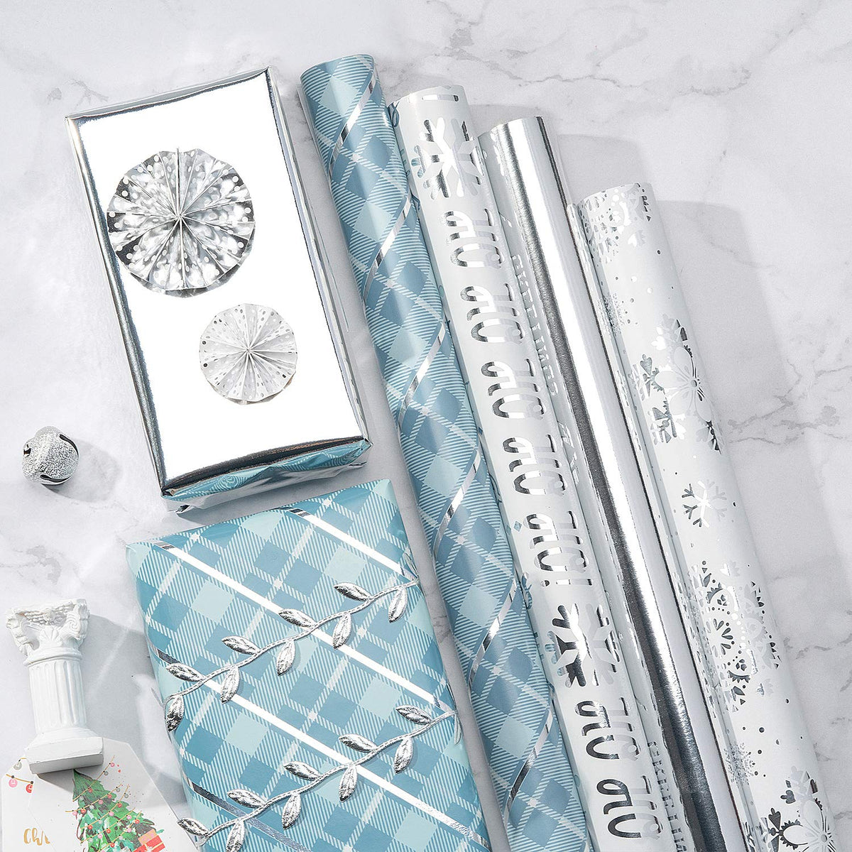Christmas Wrapping Paper Rolls, Blue and Silver, 4 Rolls