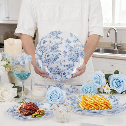 Blue Floral Plastic Plates, 60 Pieces