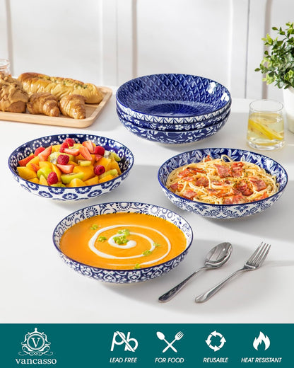 Blue and White Floral Pasta Bowls, Set of 6