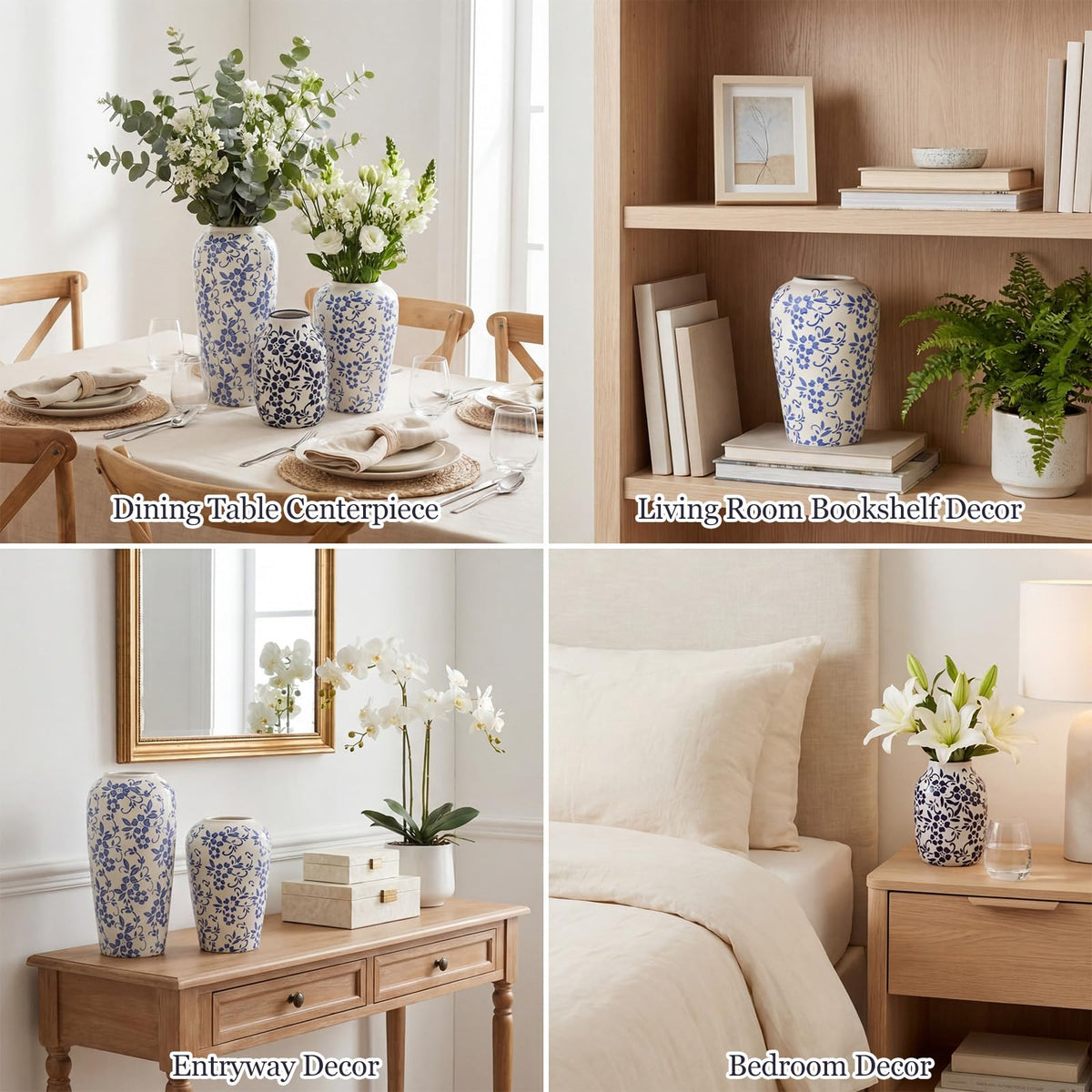 Set of 3 Blue and White Chinoiserie Vases