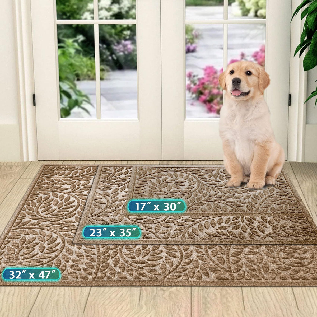 Blue Leaf Front Door Mat, Non-Slip Rubber