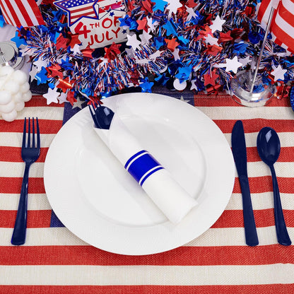Pre-Rolled Blue Plastic Cutlery with Napkins, 100 Pack