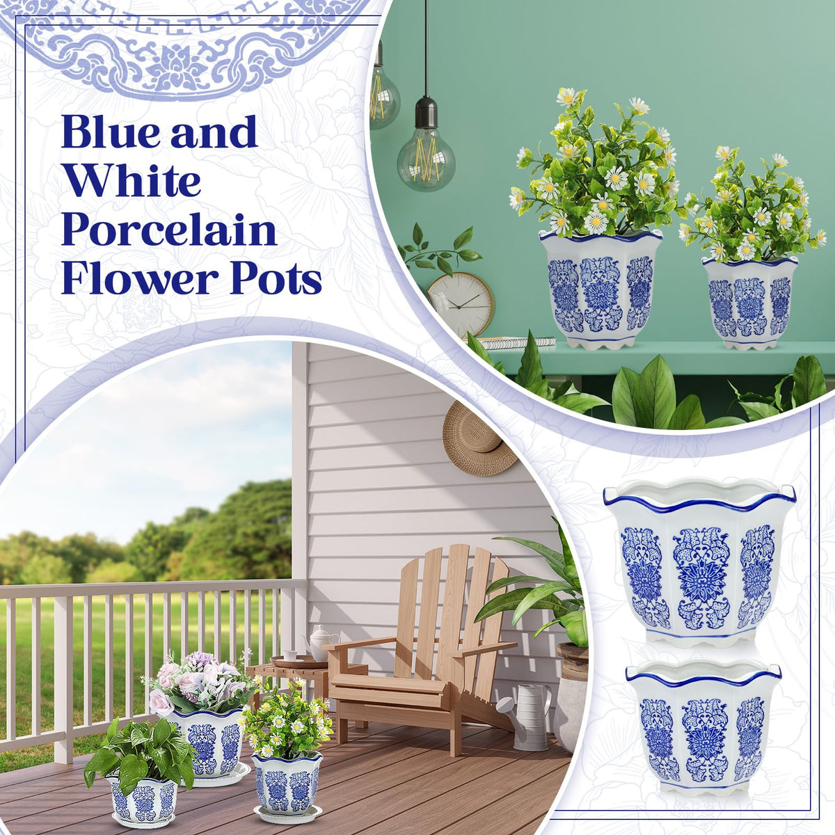 Blue and White Chinoiserie Planters with Saucers, Set of 3