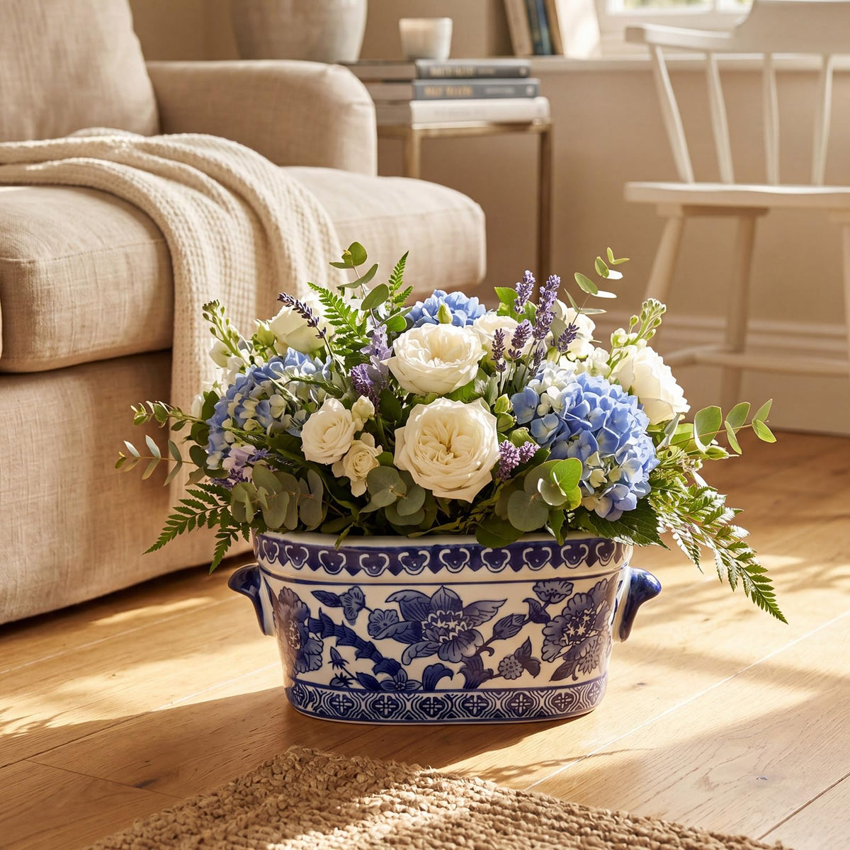 Blue and White Oval Chinoiserie Planters, Set of 2