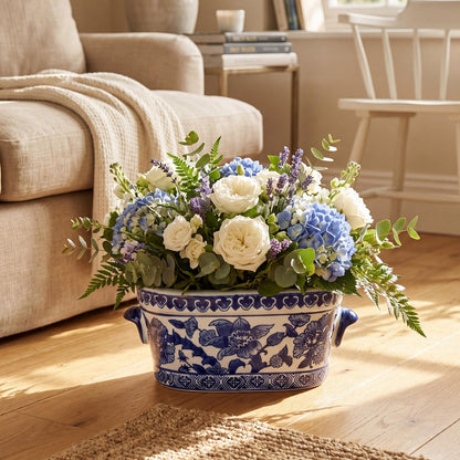 Blue and White Oval Chinoiserie Planters, Set of 2