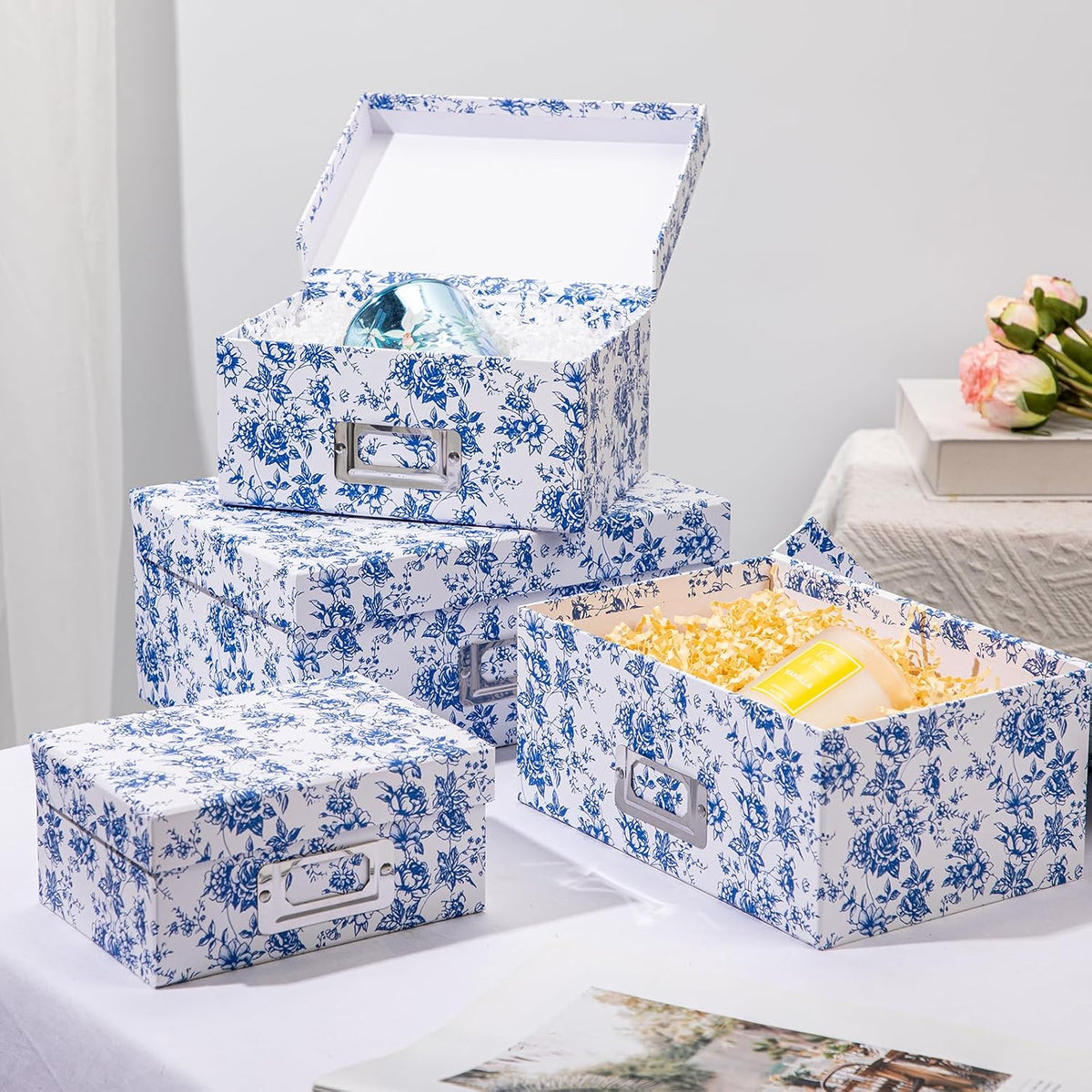 Blue and White Floral Nested Storage Boxes