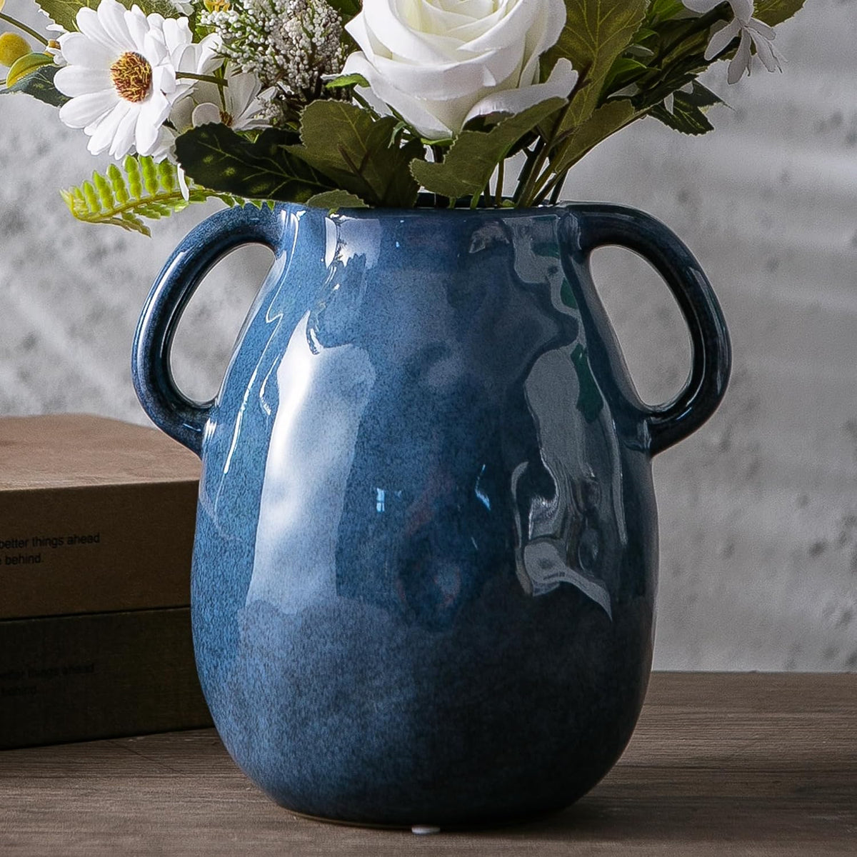 Blue Ceramic Vase with Two Handles