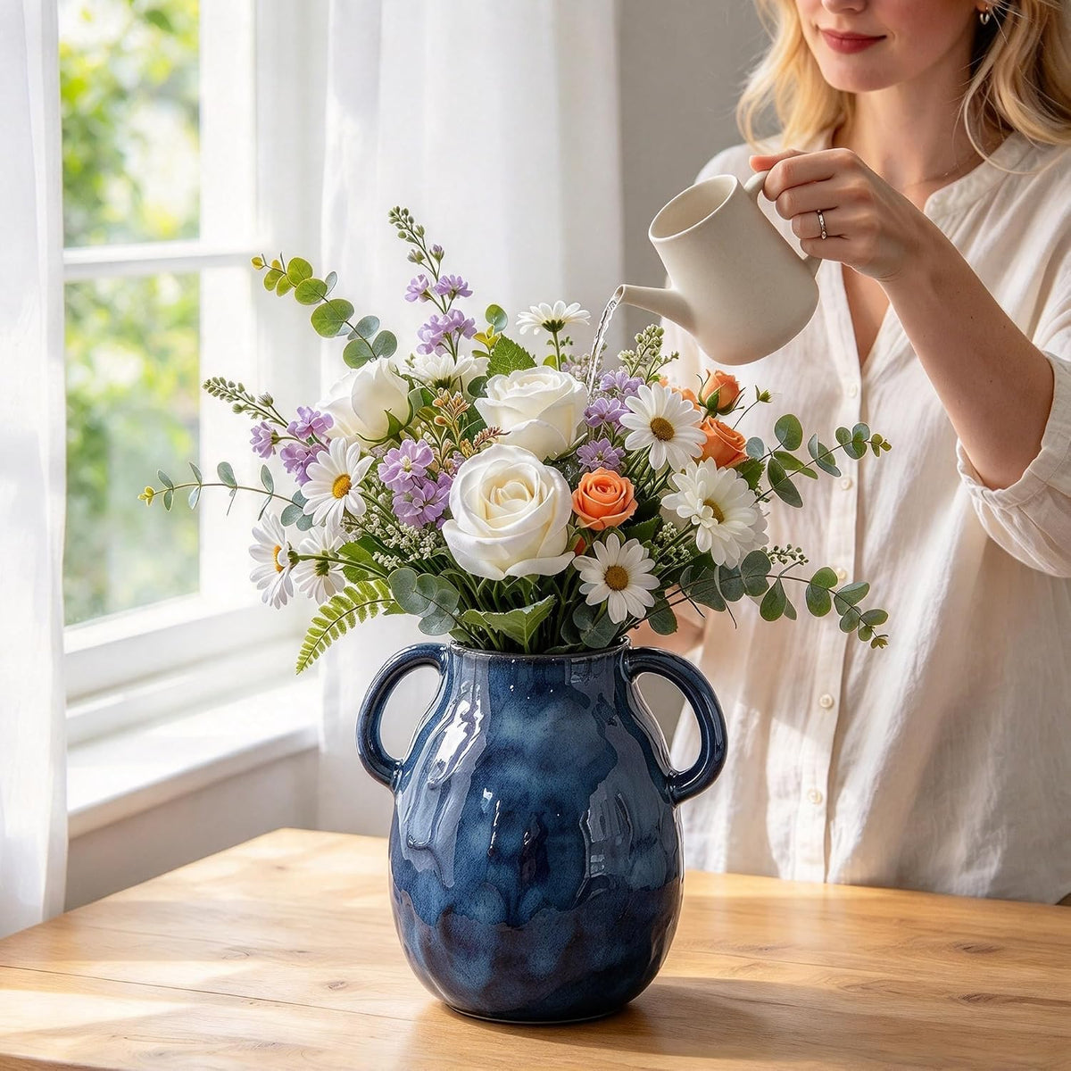 Blue Ceramic Vase with Two Handles