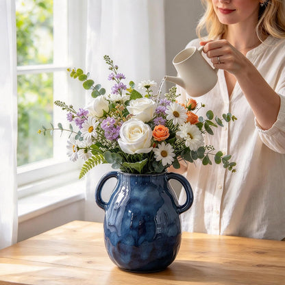 Blue Ceramic Vase with Two Handles