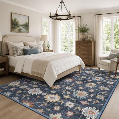 Washable Area Rug, Delft Blue Vintage Floral
