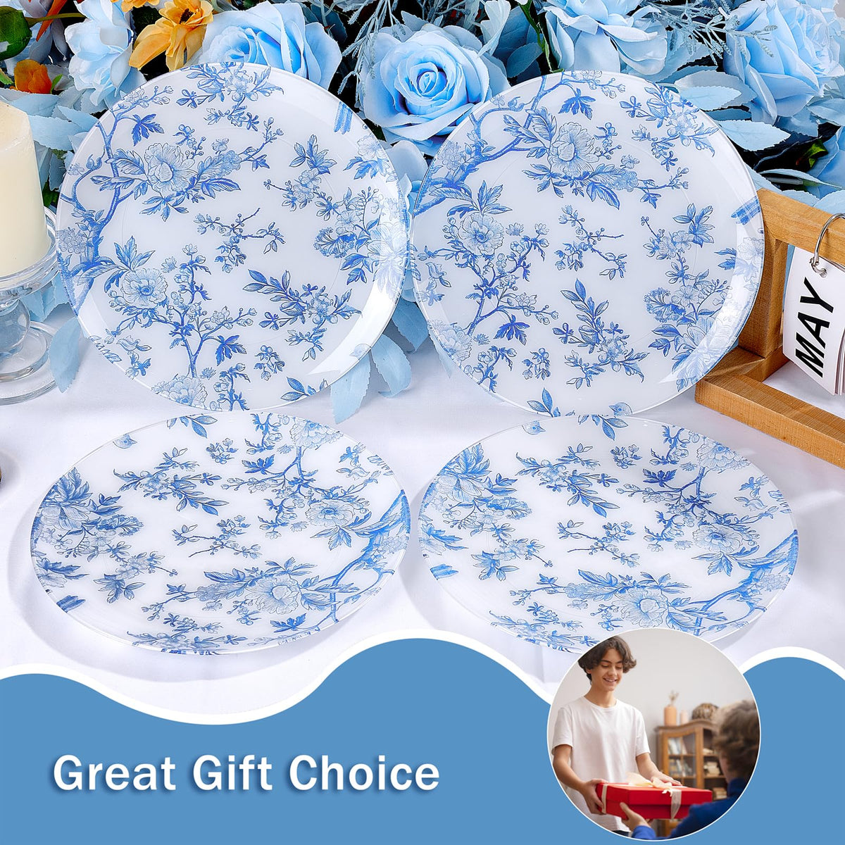 Blue Floral Plastic Plates, 60 Pieces
