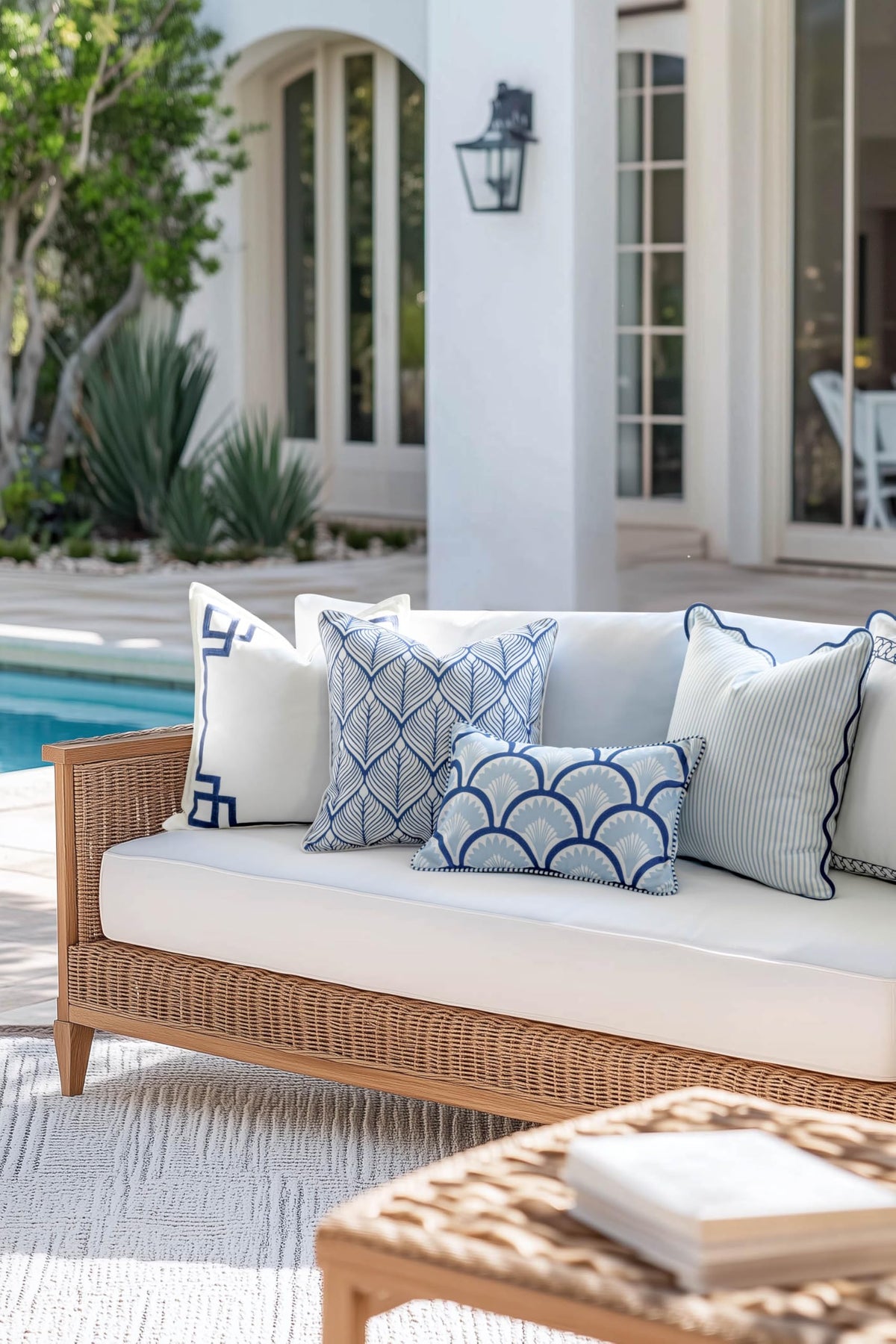 Navy Greek Key Outdoor Lumbar Pillow Cover, 12x20