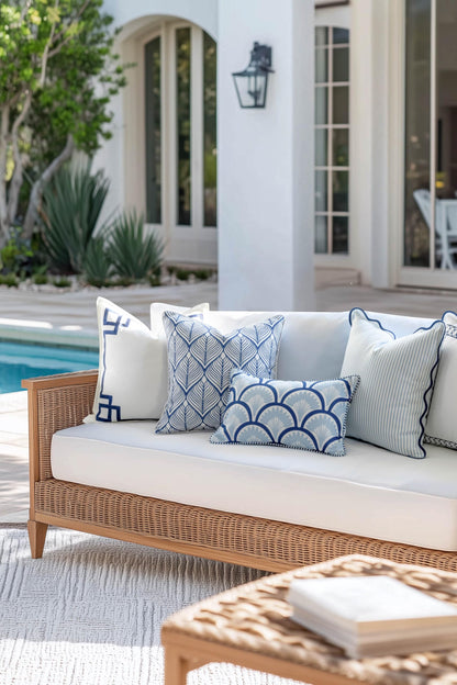 Navy Greek Key Outdoor Lumbar Pillow Cover, 12x20